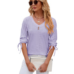 Button V-neck Solid Color Half Sleeves Loose-fitting T-shirt Top - Heritage cosmetics and beauty care