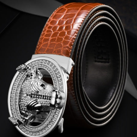 Automatic Buckle  Leather With Diamond-studded  Pattern Bull Head Belt - Heritage cosmetics and beauty care