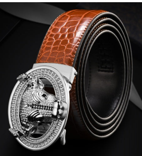 Automatic Buckle  Leather With Diamond-studded  Pattern Bull Head Belt - Heritage cosmetics and beauty care