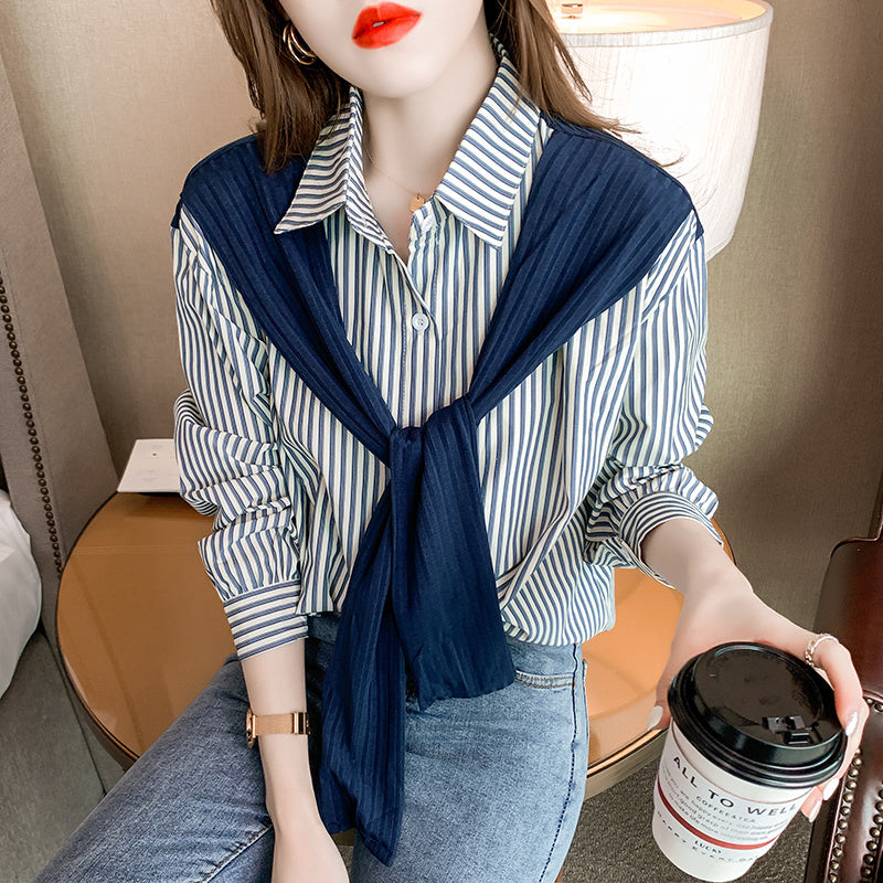 Women's Two Striped Shirts Design Niche Long Sleeves Heritage cosmetics and beauty care