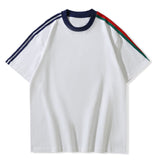 Cotton Heavy Raglan Color Stripes Short Sleeve Men's European And American Couple Loose Solid Color Color Stripes T-shirt - Heritage cosmetics and beauty care