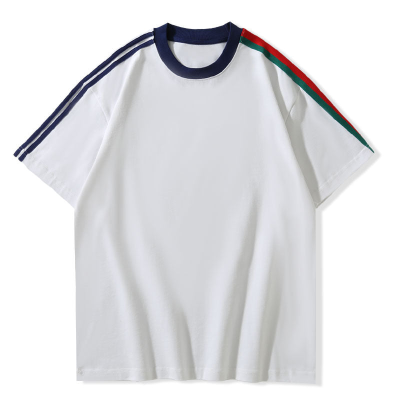 Cotton Heavy Raglan Color Stripes Short Sleeve Men's European And American Couple Loose Solid Color Color Stripes T-shirt - Heritage cosmetics and beauty care