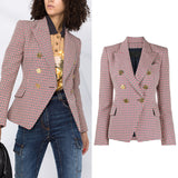 Houndstooth Small Jacket Women Long-Sleeved Double-Breasted Plaid Blazer - Heritage cosmetics and beauty care