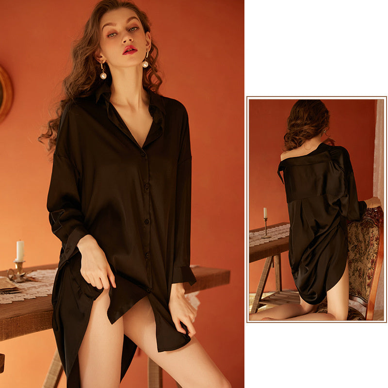 Boyfriend Style Shirt Pajamas Women Morning Gown Silk Home Clothes - Heritage cosmetics and beauty care