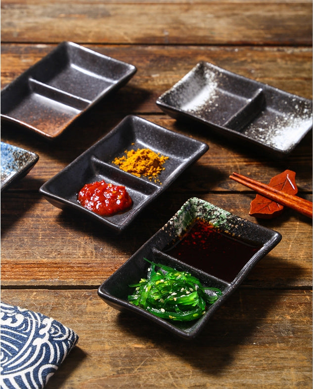 Ceramic Double-grid Korean-style Barbecue Seasoning Hot Pot Sauce Dipping Plates - Heritage cosmetics and beauty care