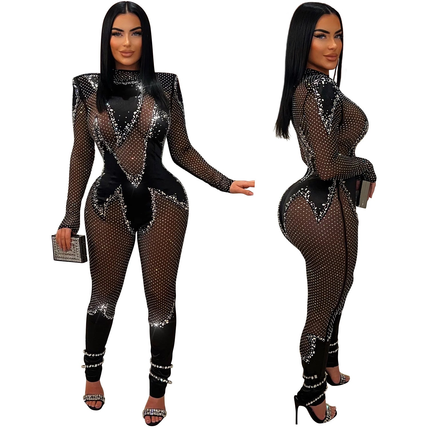 Wear Pure Color Mesh Rhinestone Long-sleeved Trousers Jumpsuit - Heritage cosmetics and beauty care