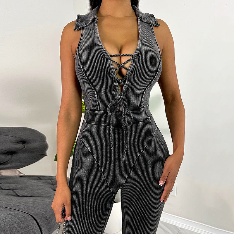 Women's Suspenders Skinny Butt Lifter Jumpsuit With Lapel Straps - Heritage cosmetics and beauty care