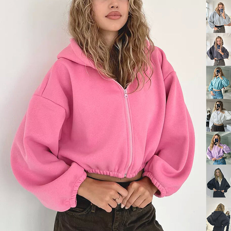 Casual Solid Color Hooded Short Jacket Y2K Fashion Sports Sweatshirt Long Sleeve Zip Up Cardigan Hoodies Women's Clothing - Heritage cosmetics and beauty care