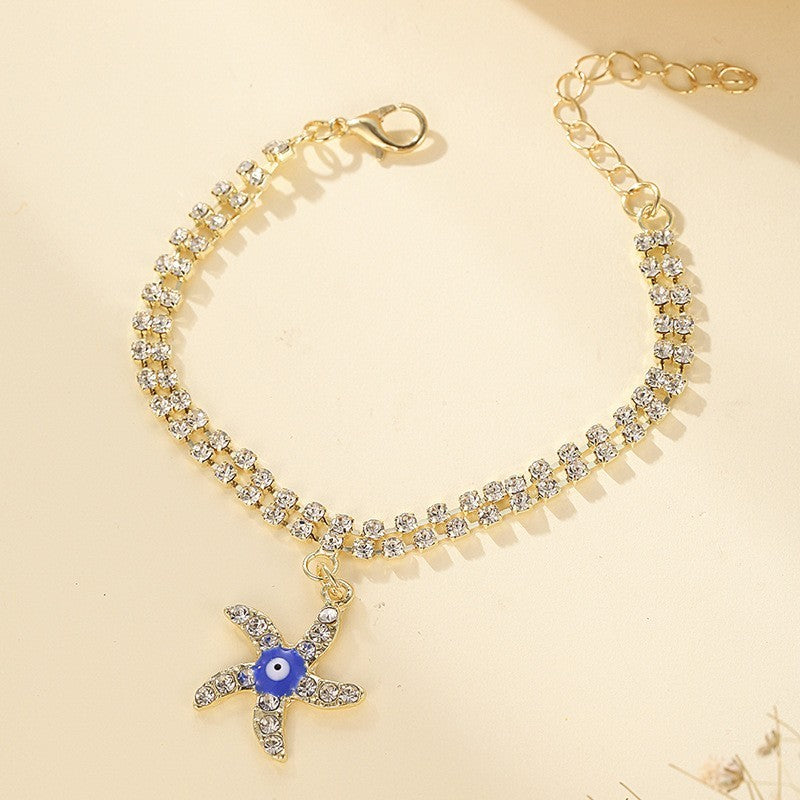 Devil Blue Eye Bracelet Palm Sea Star Evil Eye Full Diamond Double Layer Bracelet - Heritage cosmetics and beauty care