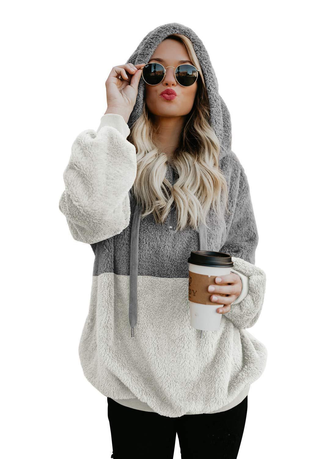 Women Casual Plush Hoodies Zipper Patchwork Hooded Drawstring Sweatshirt Autumn Winter Lady Hooded Warm Loose Tops Heritage cosmetics and beauty care