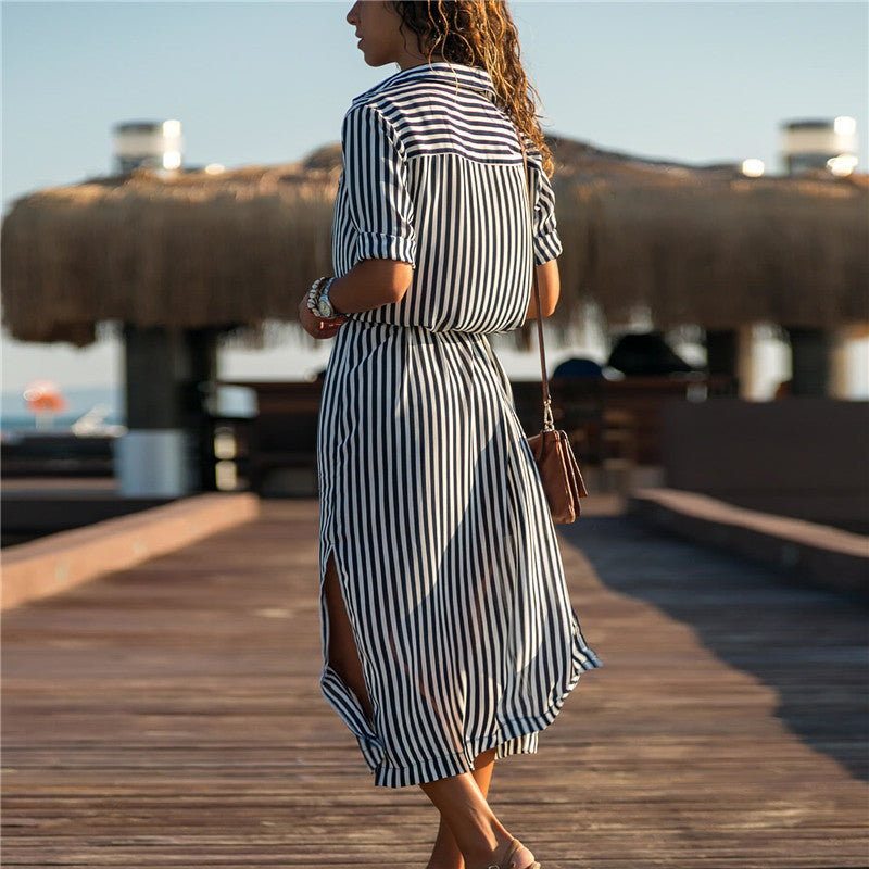 Stripe Shirt Women's Dress Spring Summer Chiffon V-neck Sexy Maxi Dresses Sexy Elegant Casual Girl Lace Women Long Sleeve Heritage cosmetics and beauty care