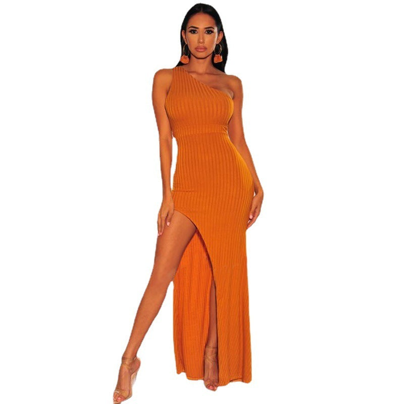 Slanted Shoulder Sleeveless High Slit Bandage Gown - Heritage cosmetics and beauty care