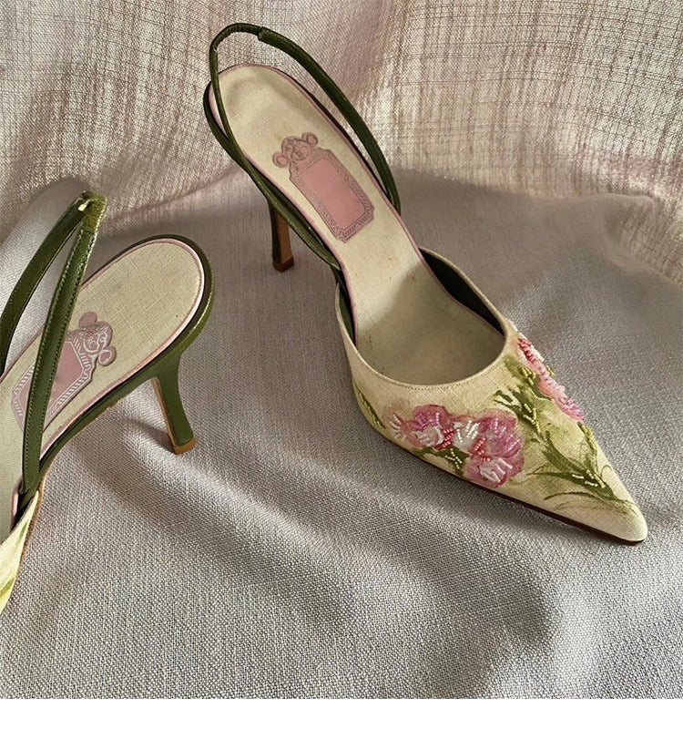 Vintage Pointed Embroidered High Heels - Heritage cosmetics and beauty care