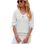 Button V-neck Solid Color Half Sleeves Loose-fitting T-shirt Top - Heritage cosmetics and beauty care