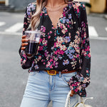 Women's Tops Casual Floral Print V Neck Long Sleeve Shirts Loose Chiffon Blouses Shirts Tops Heritage cosmetics and beauty care