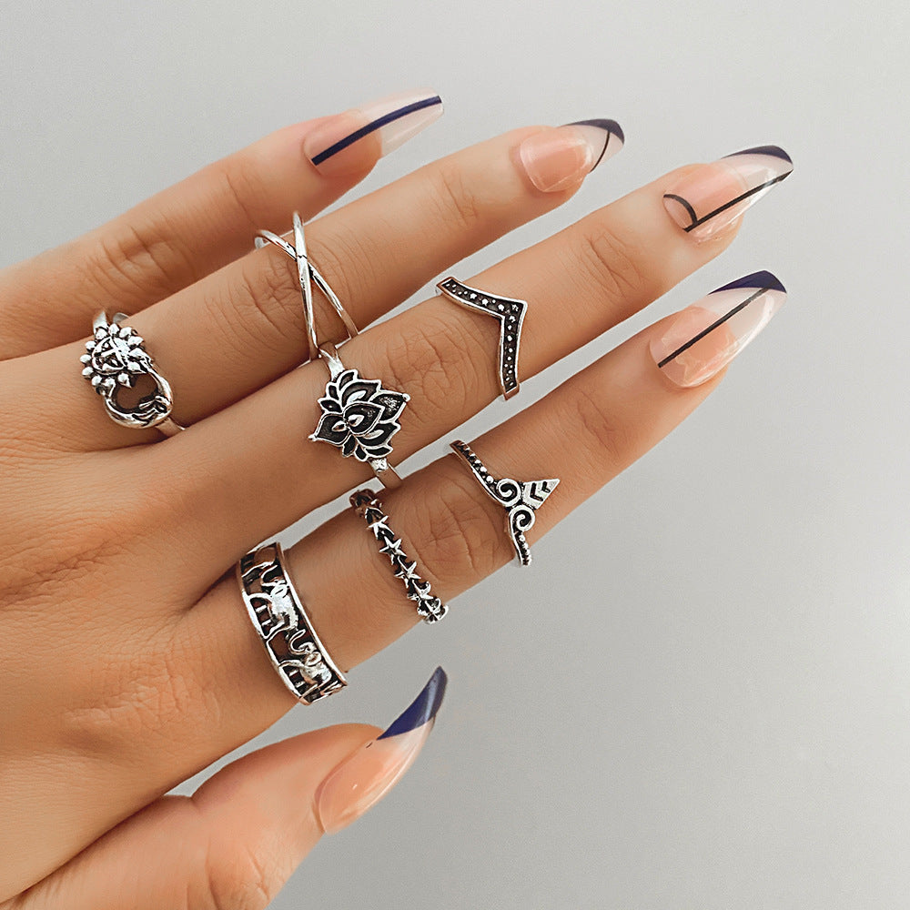 Retro Elephant Hollow Ring 7-piece Set Creative - Heritage cosmetics and beauty care