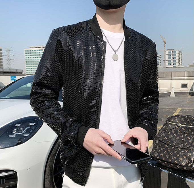 New Men's Personality Fashion Nightclub Trendy Sequined Stand Collar Coat - Heritage cosmetics and beauty care