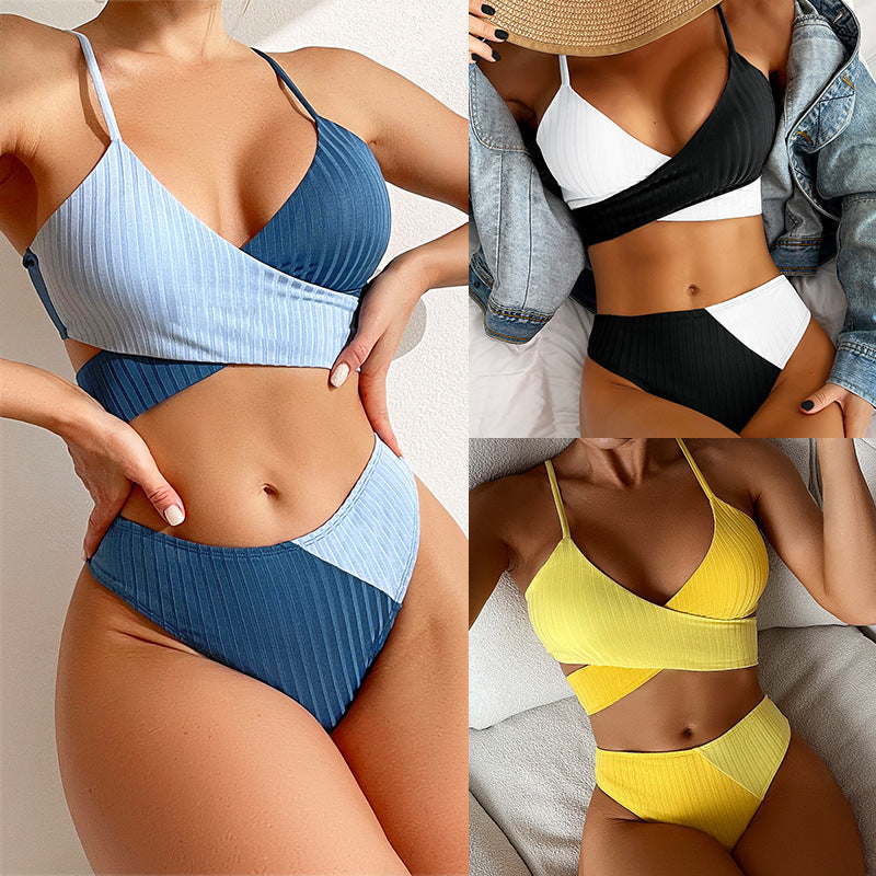 Bikini Patchwork Swimwear Ribbed Women's Swimsuit Knot Back Beachwear Ruched Butt Biquinis Bathing Suits - Heritage cosmetics and beauty care