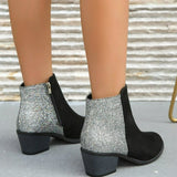 Color-blocking Sequin Chunky Heel Plus Size Side Zip Short Boots Women