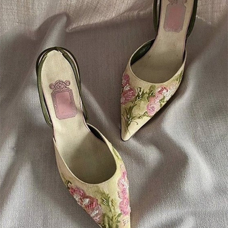 Vintage Pointed Embroidered High Heels - Heritage cosmetics and beauty care