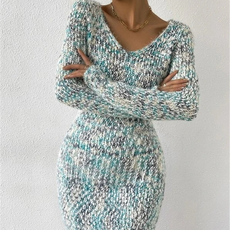 V-neck Slim-fit Two-tone Knitted Long Sleeve Sweater Color-matching Dress - Heritage cosmetics and beauty care