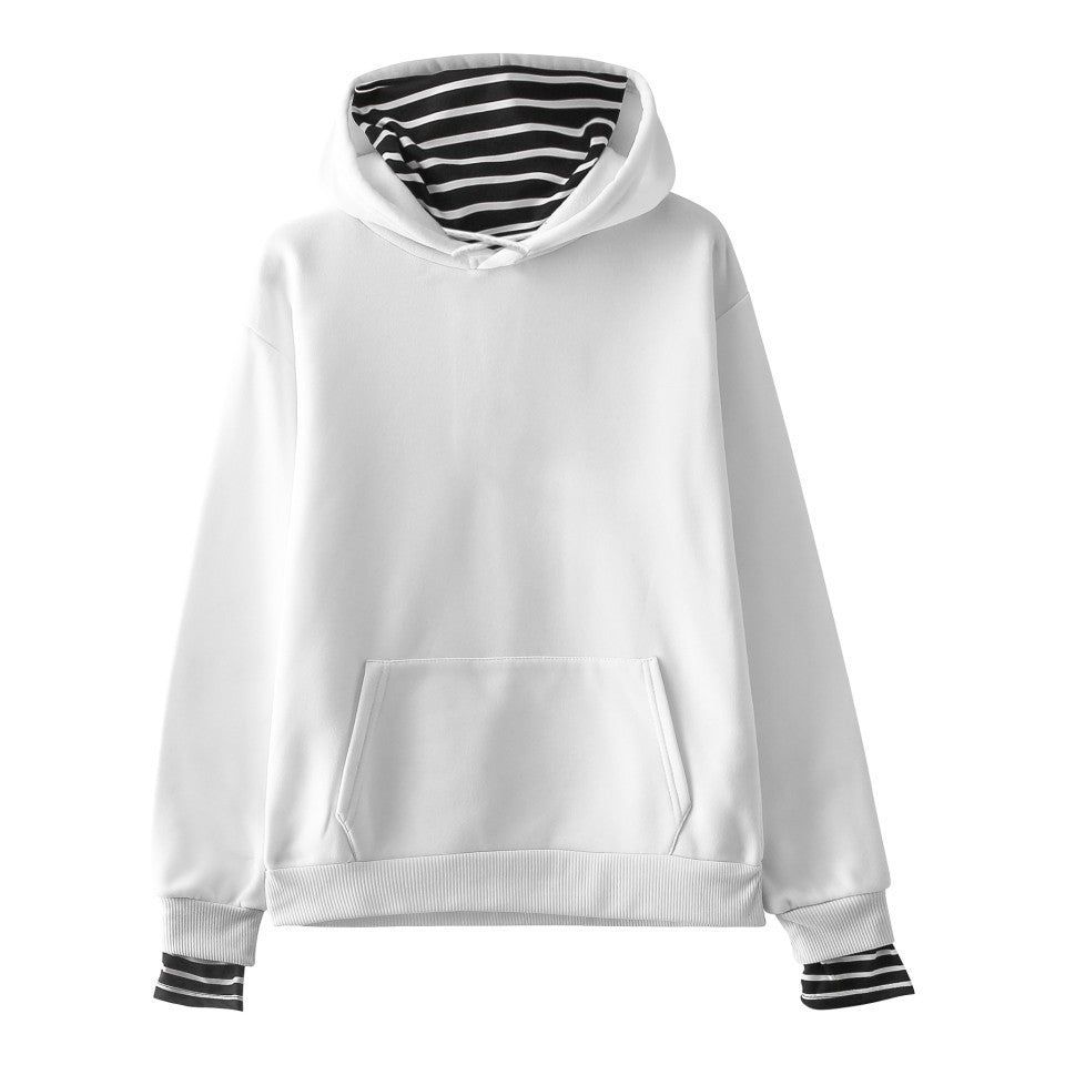 Solid Color False Two-piece Hooded Pullover Fleece Striped Oversleeves Korean Style Trendy Hooded Blank Fake Two Pieces Heritage cosmetics and beauty care