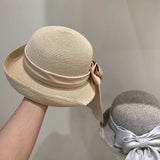 Women's Fashion Simple Large Ribbon Bow Straw Bucket Hat - Heritage cosmetics and beauty care