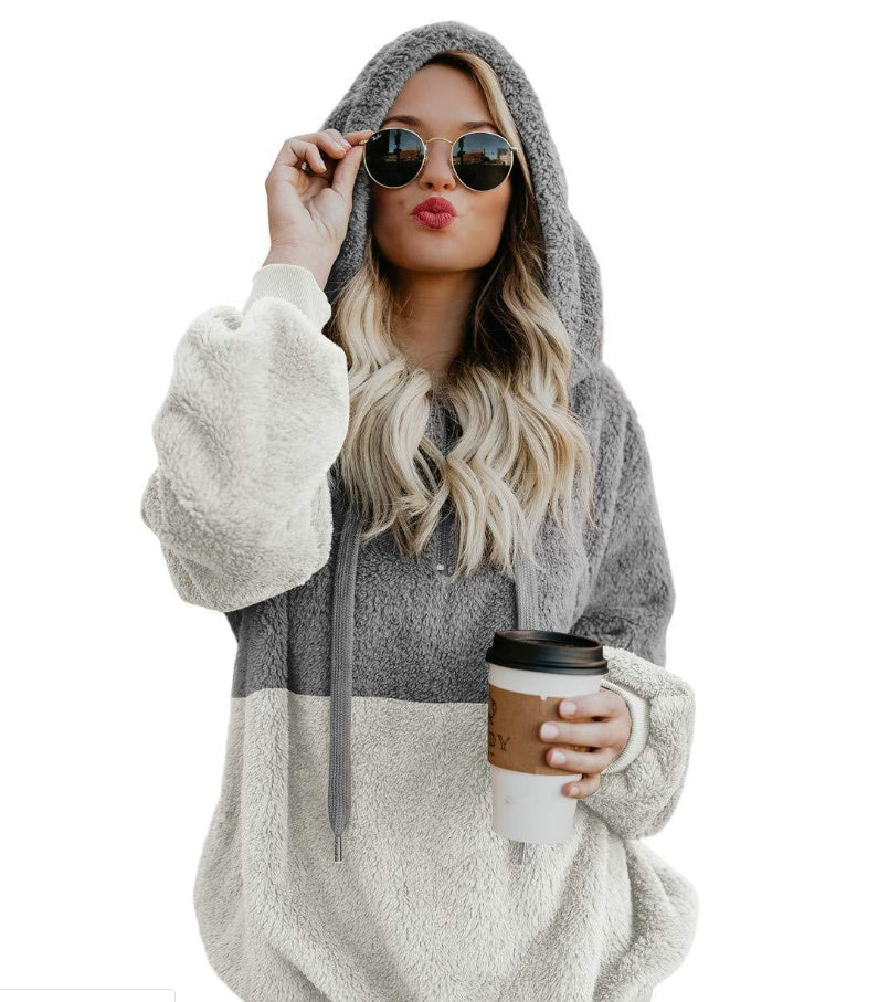 Women Casual Plush Hoodies Zipper Patchwork Hooded Drawstring Sweatshirt Autumn Winter Lady Hooded Warm Loose Tops Heritage cosmetics and beauty care