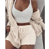 Adogirl Women Fleece Plush Casual Two Piece Set Long Sleeve Hooded Cardigan Coat Autumn Winter Outwear  Shorts Fashion Outfits - Heritage cosmetics and beauty care