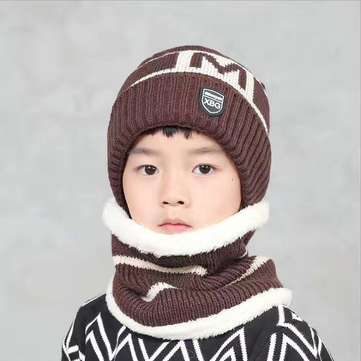 Children's Hats For Autumn And Winter New Boys' Hats And Bibs Set Korean Letters Knitted Hedging Warm Woolen Caps - Heritage cosmetics and beauty care