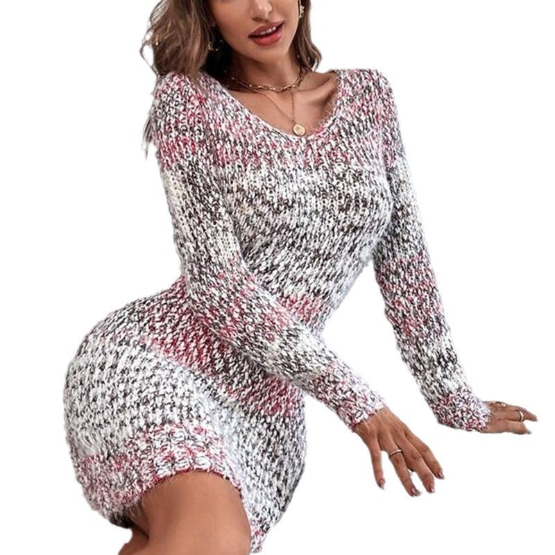 V-neck Slim-fit Two-tone Knitted Long Sleeve Sweater Color-matching Dress - Heritage cosmetics and beauty care