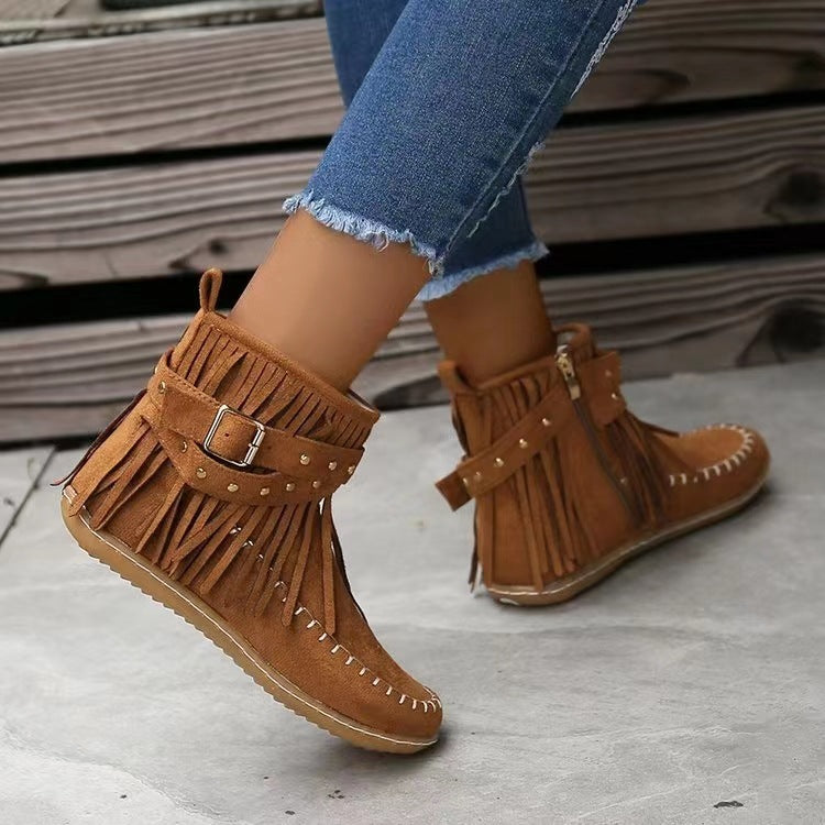 Retro Ankle Boots With Rivet Tassel Flat Shoes Women Winter Boots - Heritage cosmetics and beauty care