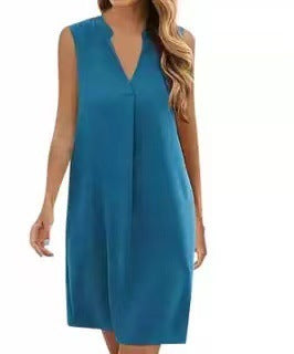 Sleeveless Elegant V-neck Loose Solid Color Dress Women - Heritage cosmetics and beauty care