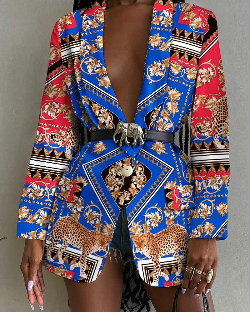 Fashion Printed Shawl Collar Single-breasted Belt Blazer Women - Heritage cosmetics and beauty care