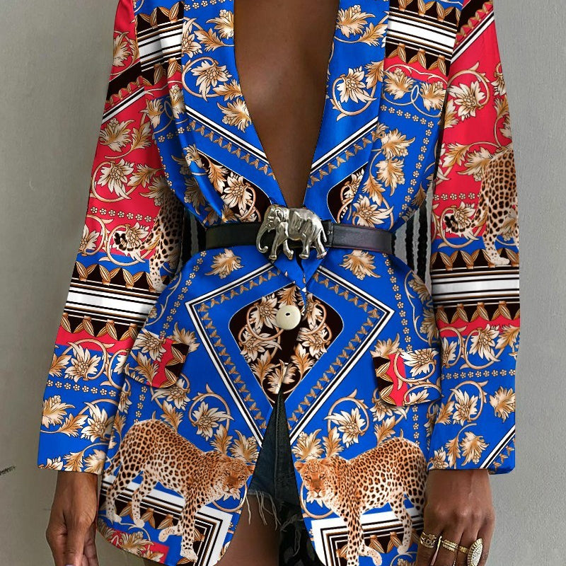 Fashion Printed Shawl Collar Single-breasted Belt Blazer Women - Heritage cosmetics and beauty care