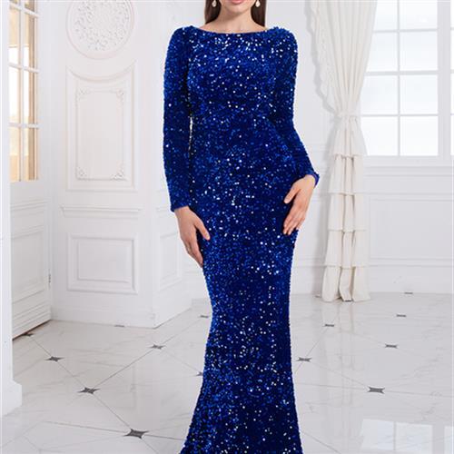 Women Modest Stretch Sequin Royal Blue Evening Prom Gown Party - Heritage cosmetics and beauty care