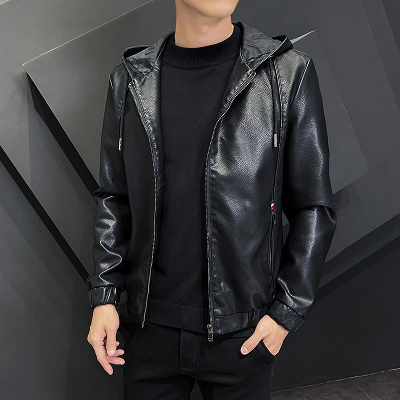 Black Wall Leather Trendy Hooded Teen Jacket Coat