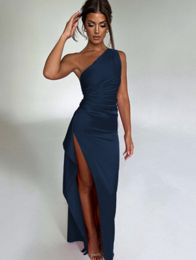 Sexy One-shoulder Backless Split Dress Summer Elegant Slim-fit Solid Color Satin Dresses For Women Heritage cosmetics and beauty care