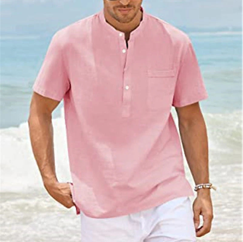 Men's Plus Size Solid Color Stand Up Collar Short Sleeved Shirt - Heritage cosmetics and beauty care