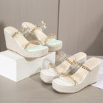 Square Toe Sandals, Wedge Heel, Transparent Film, Metal Chain Sandals - Heritage cosmetics and beauty care