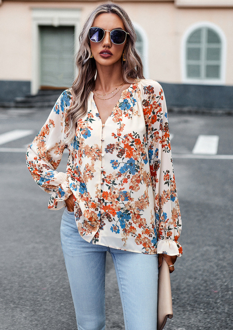 Women's Tops Casual Floral Print V Neck Long Sleeve Shirts Loose Chiffon Blouses Shirts Tops Heritage cosmetics and beauty care