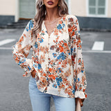 Women's Tops Casual Floral Print V Neck Long Sleeve Shirts Loose Chiffon Blouses Shirts Tops Heritage cosmetics and beauty care