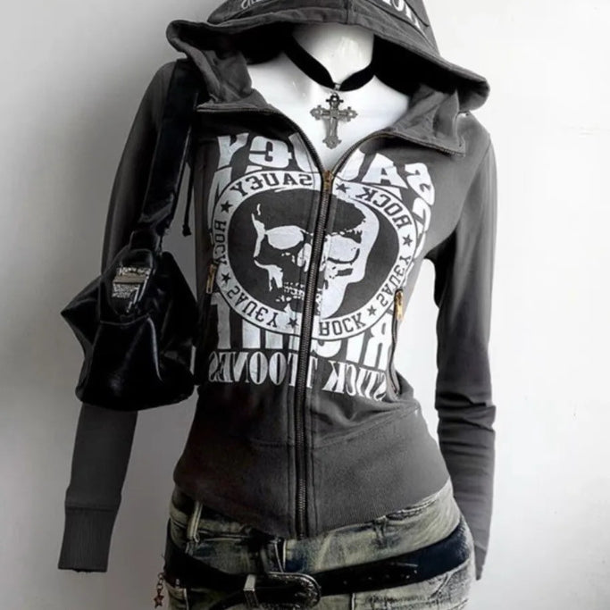 Autumn And Winter Hooded Long-sleeve Zipper Skull Letter Print Sweatshirt