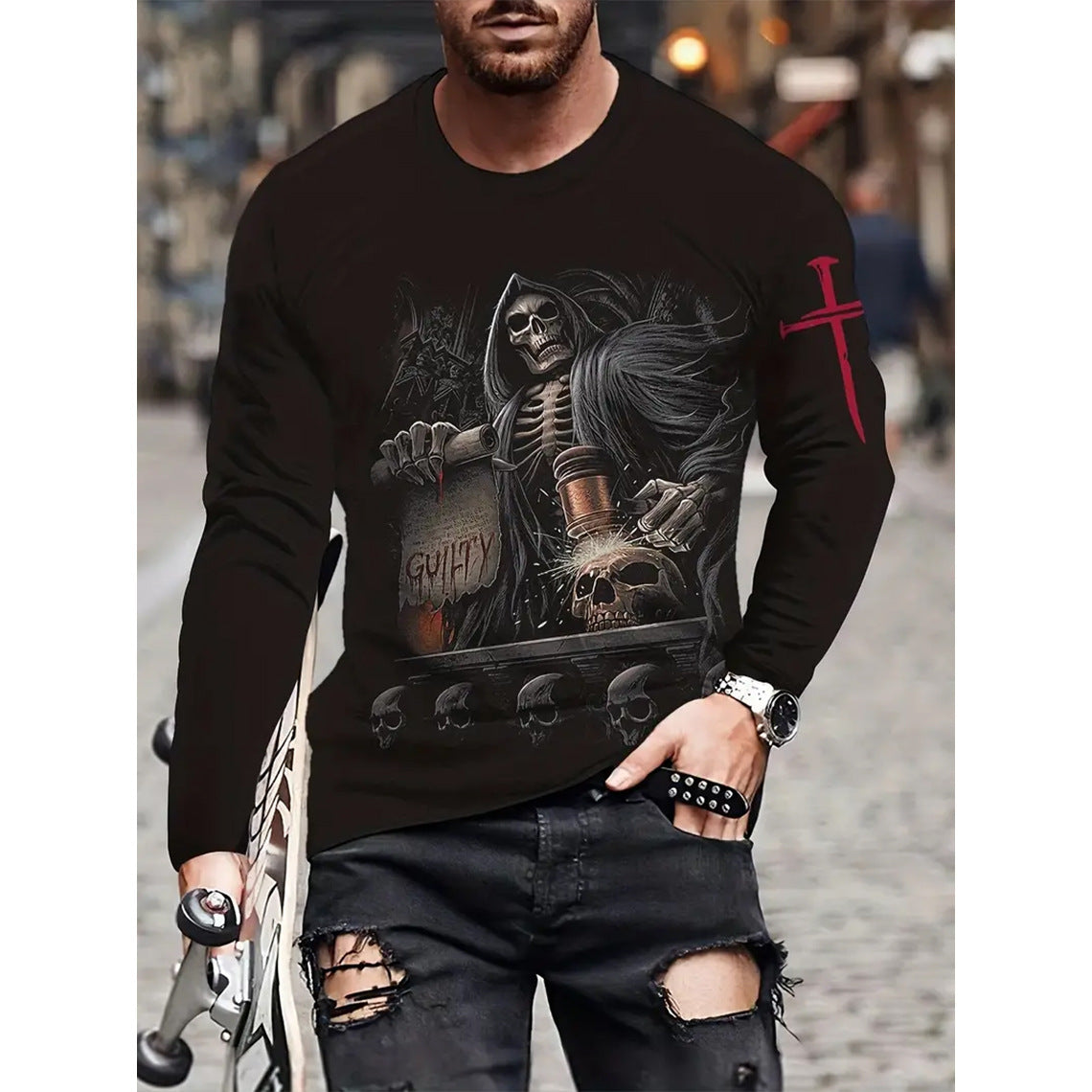 Retro Men's T-shirt 3D Printed Street Hip-hop Loose Crew Neck Casual Long Sleeve - Heritage cosmetics and beauty care