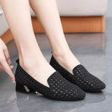 Rhinestone Chunky Heel Round Head Breathable Mesh Shoes