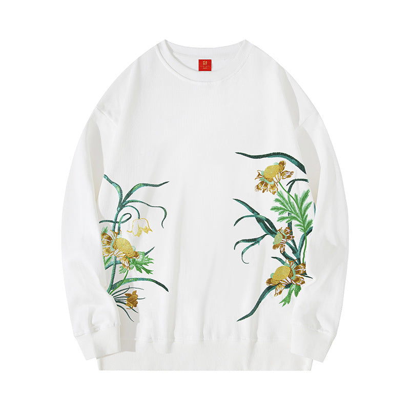 Flower Embroidery Pattern Design Tassel Round Neck Loose Long Sleeves Sweater