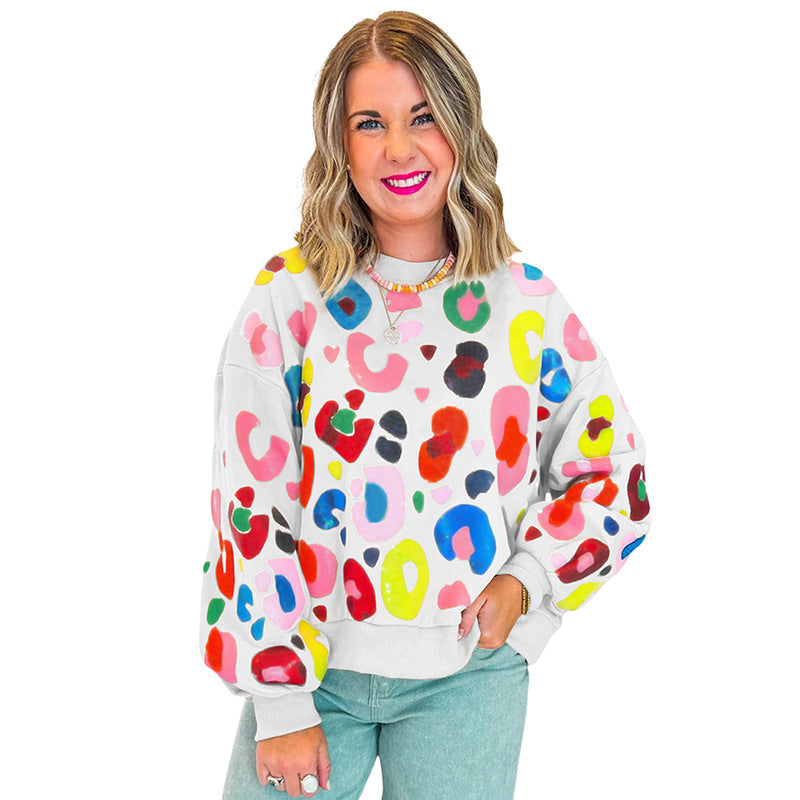 Winter Leopard Print Printed Crew Neck Sweatshirt