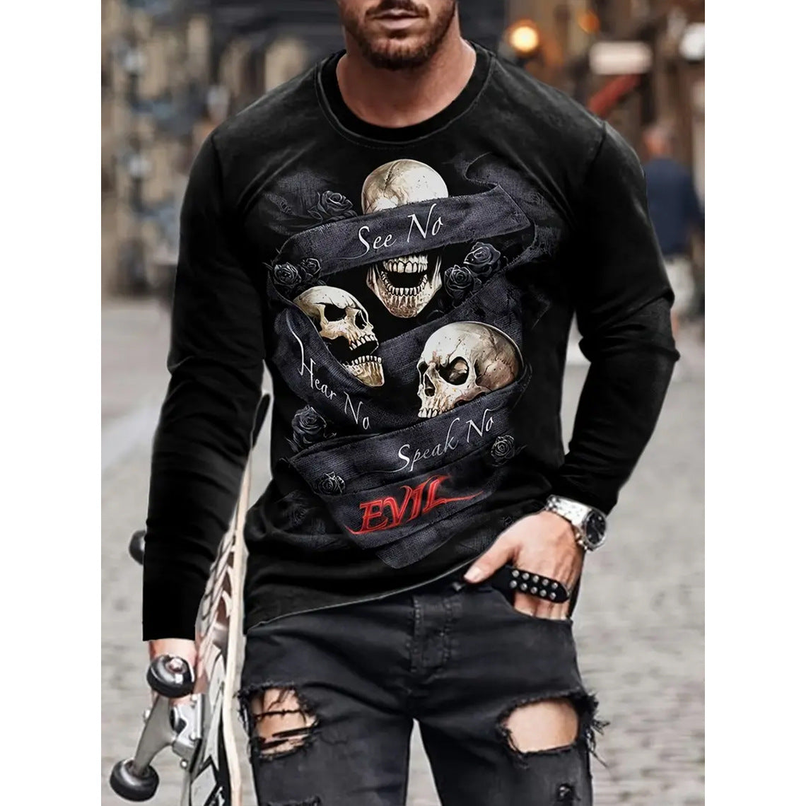 Retro Men's T-shirt 3D Printed Street Hip-hop Loose Crew Neck Casual Long Sleeve - Heritage cosmetics and beauty care