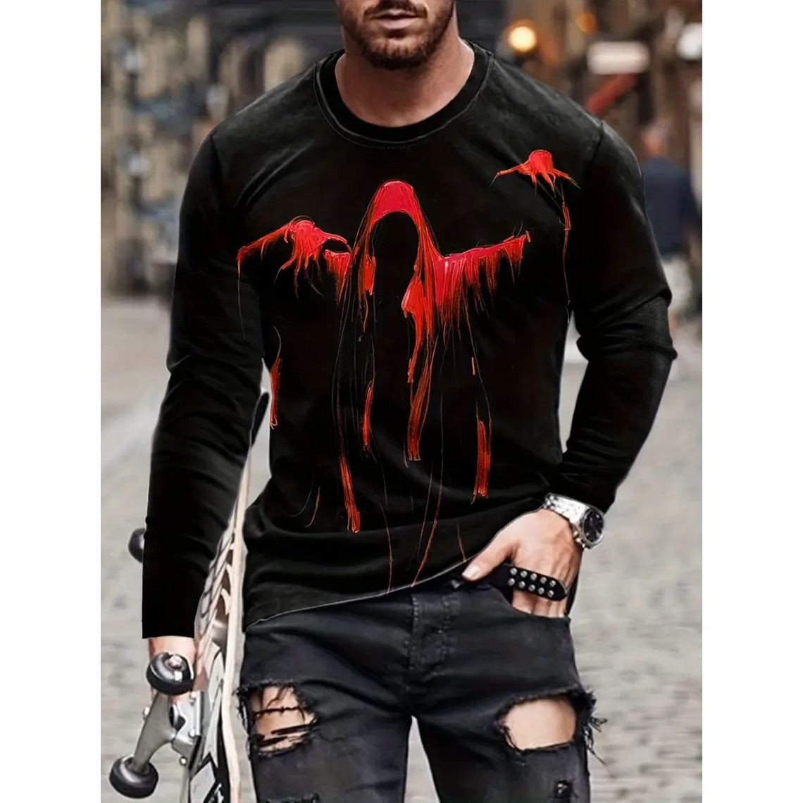 Retro Men's T-shirt 3D Printed Street Hip-hop Loose Crew Neck Casual Long Sleeve - Heritage cosmetics and beauty care