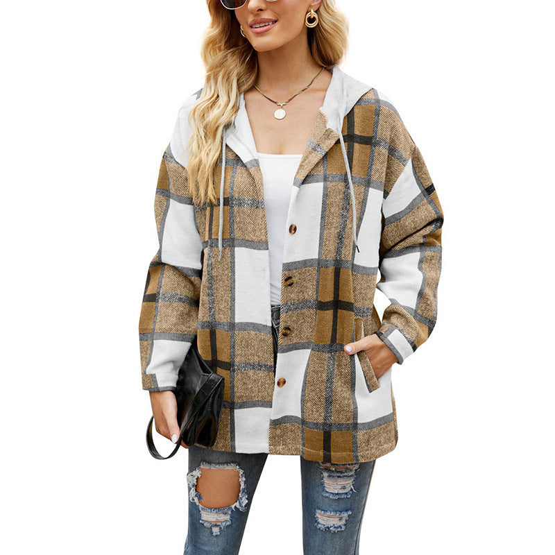 Ladies Plaid Coat Hooded Casual Loose Shirt